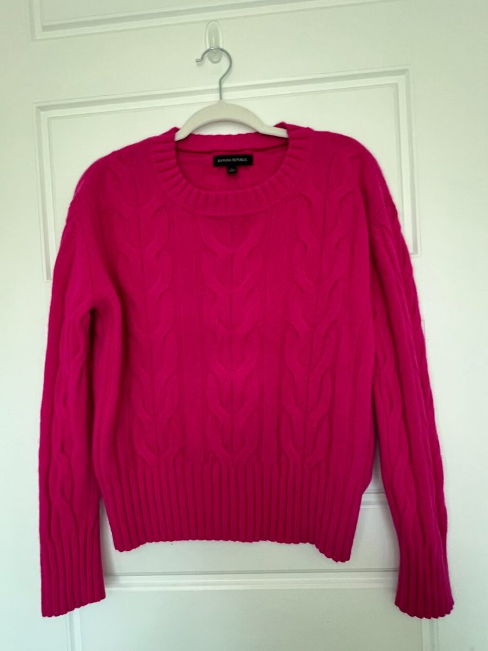 Banana Republic 100% Wool Sweater Womens Large Pink Cable Knit Crewneck Fuchsia